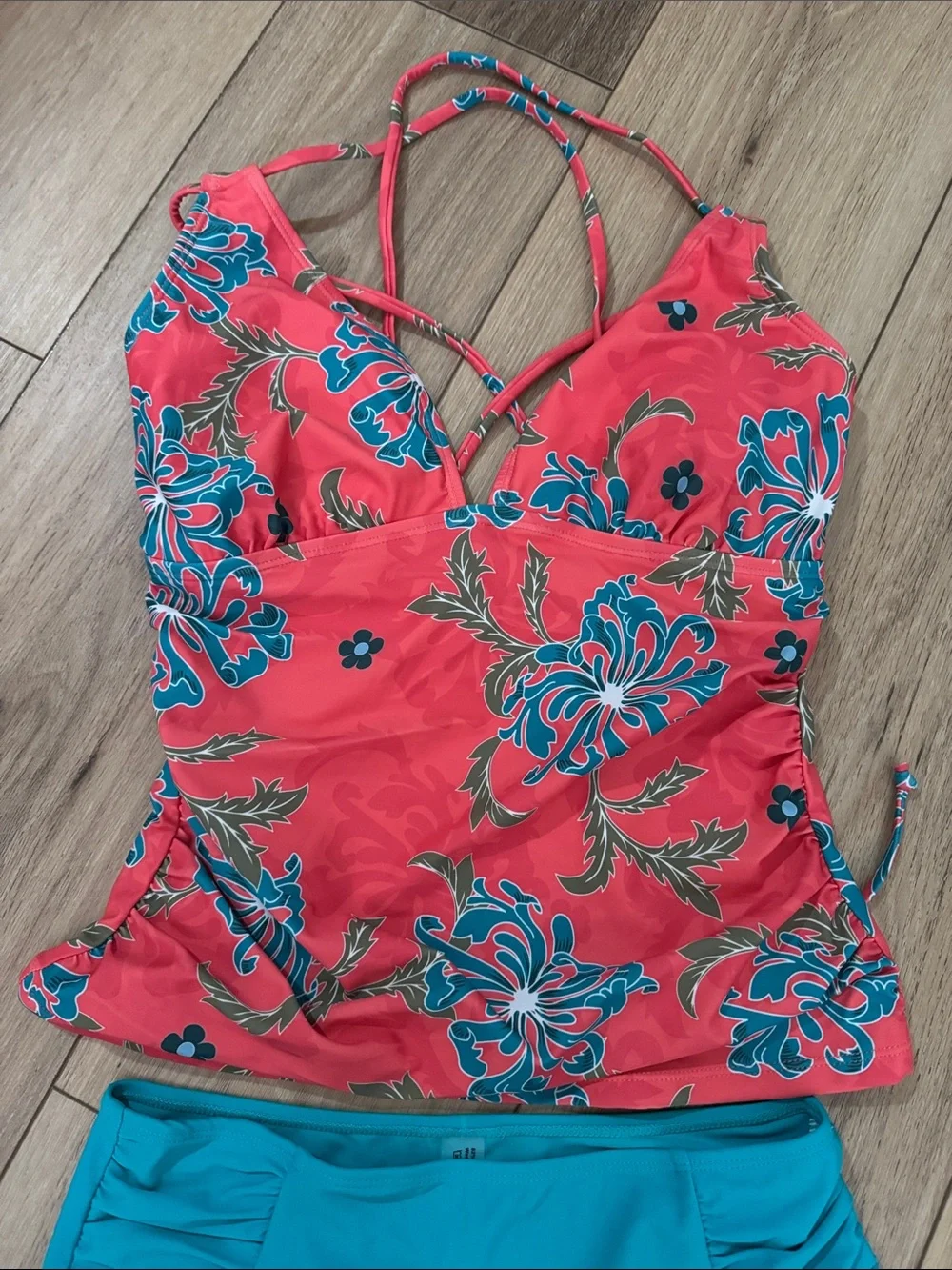 Cupshe NWOT S coral aqua Floral  ruched sexy Tankini set
